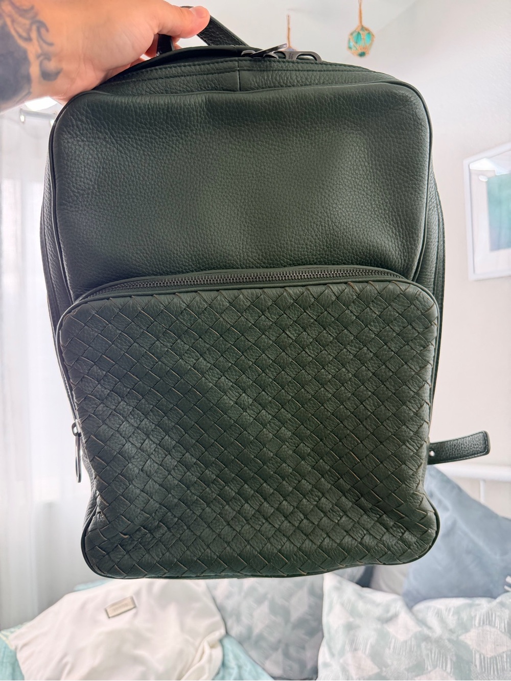 Bottega Veneta Dark Green Woven Front Leather Backpack
